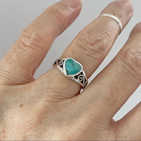 Sterling Silver Swirly and Genuine Turquoise Heart Ring, Silver Rings, Stones - Picture 7 of 12